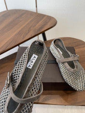 ALAIA 26S MESH FLATS IN BROWN GREY SUEDE RHINESTONE-EMBELLISHED