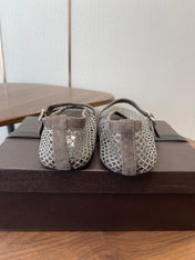 ALAIA 26S MESH FLATS IN BROWN GREY SUEDE RHINESTONE-EMBELLISHED