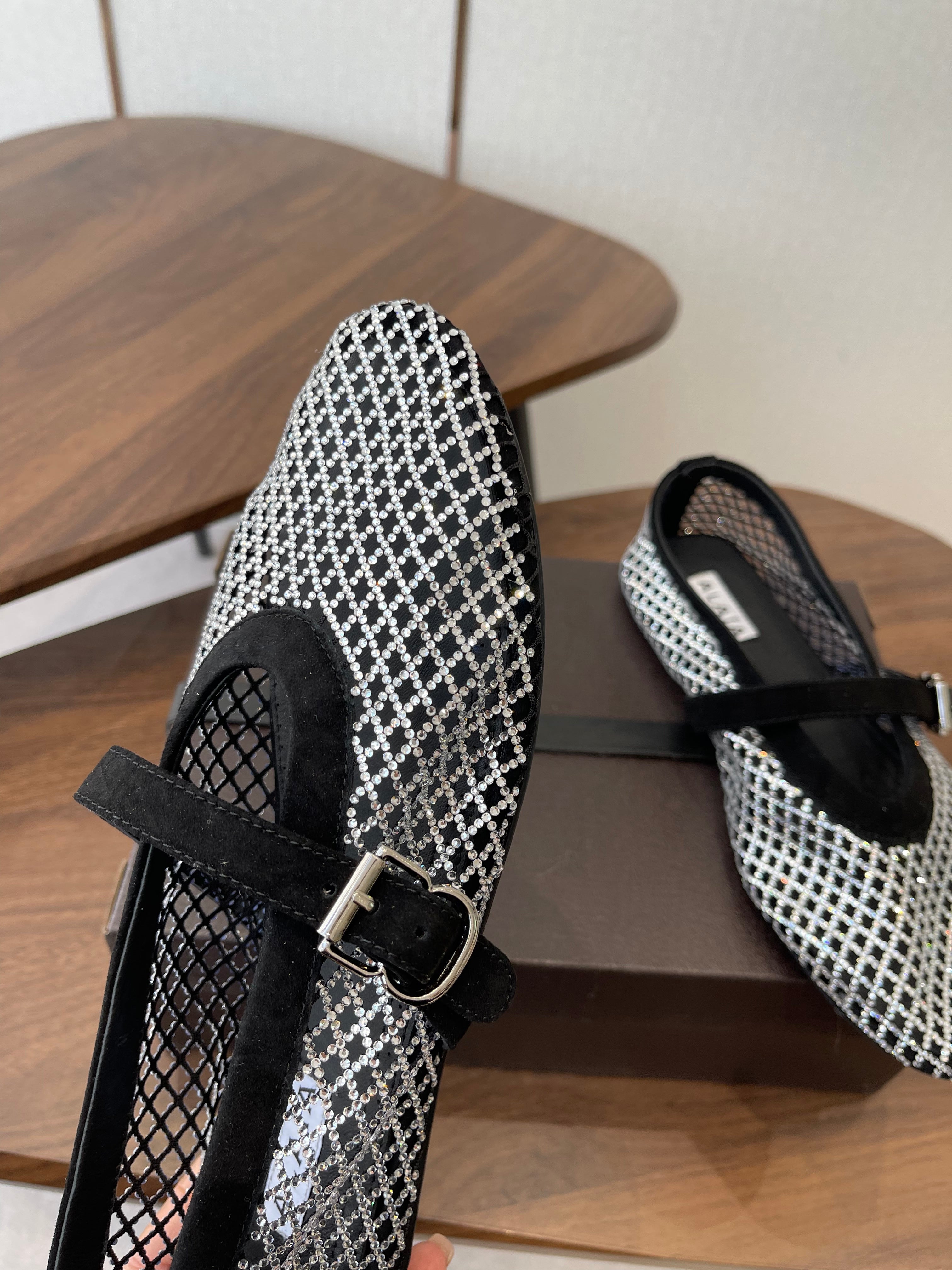 ALAIA 26S MESH FLATS IN BLACK SUEDE AND WHITE RHINESTONE-EMBELLISHED
