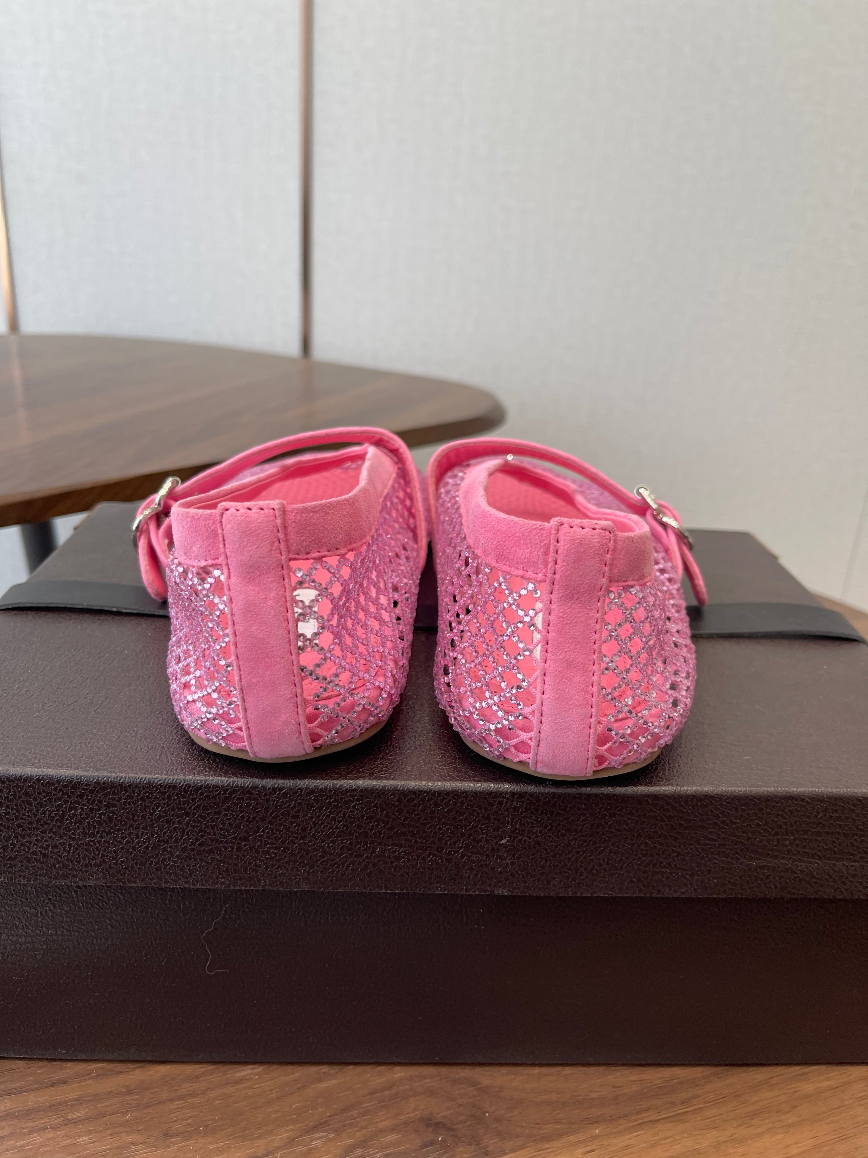 ALAIA 26S MESH FLATS IN PINK SUEDE RHINESTONE-EMBELLISHED