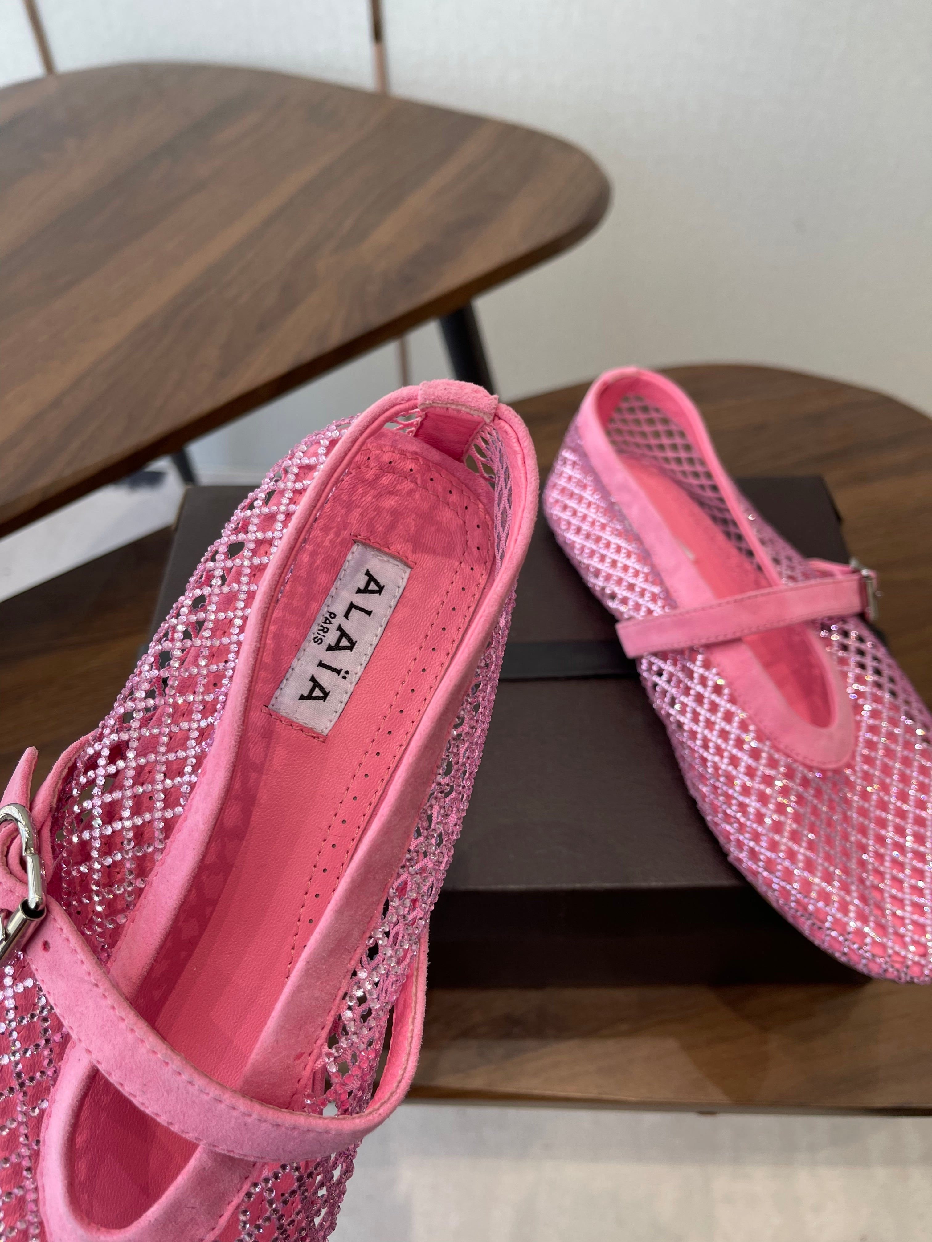 ALAIA 26S MESH FLATS IN PINK SUEDE RHINESTONE-EMBELLISHED