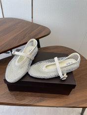 ALAIA 26S MESH FLATS IN WHITE SUEDE RHINESTONE-EMBELLISHED