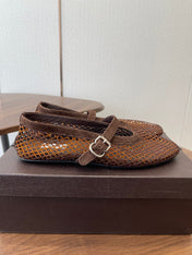 ALAIA 26S MESH FLATS IN DARK BROWN SUEDE RHINESTONE-EMBELLISHED