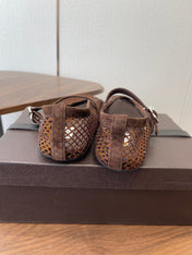 ALAIA 26S MESH FLATS IN DARK BROWN SUEDE RHINESTONE-EMBELLISHED