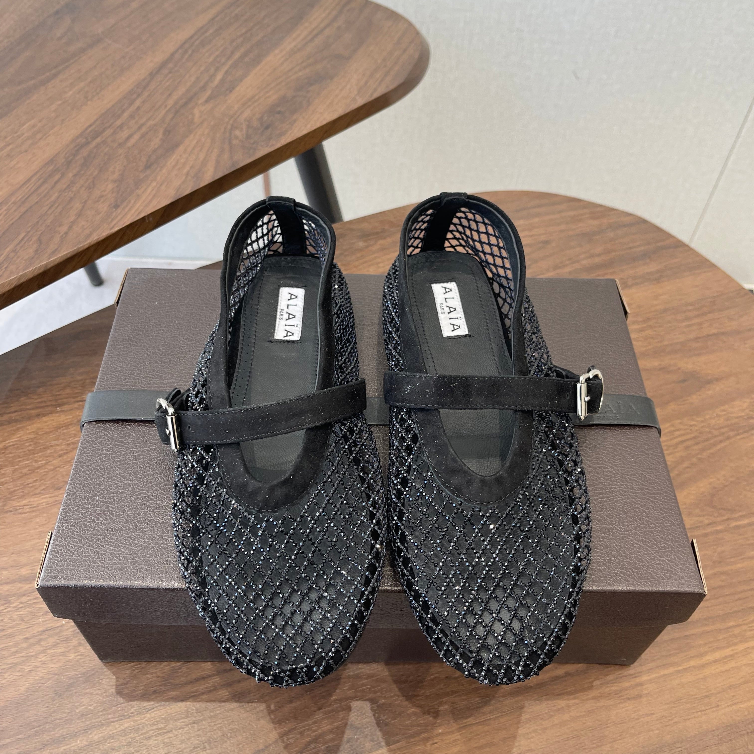 ALAIA 26S MESH FLATS IN BLACK SUEDE RHINESTONE-EMBELLISHED