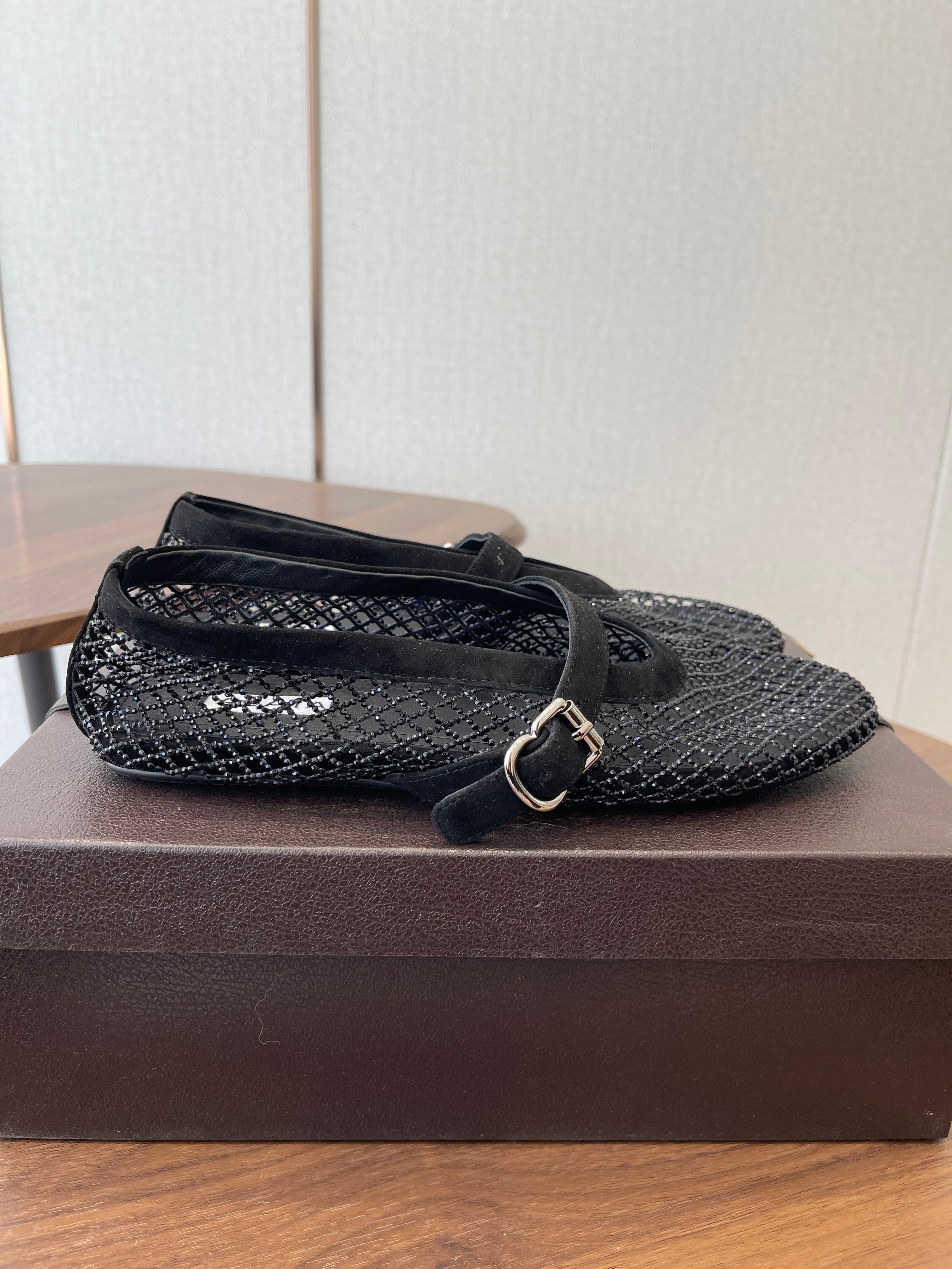 ALAIA 26S MESH FLATS IN BLACK SUEDE RHINESTONE-EMBELLISHED
