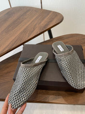 ALAIA 26S FLAT MULES IN DARK GREY SUEDE AND MESH RHINESTONE-EMBELLISHED