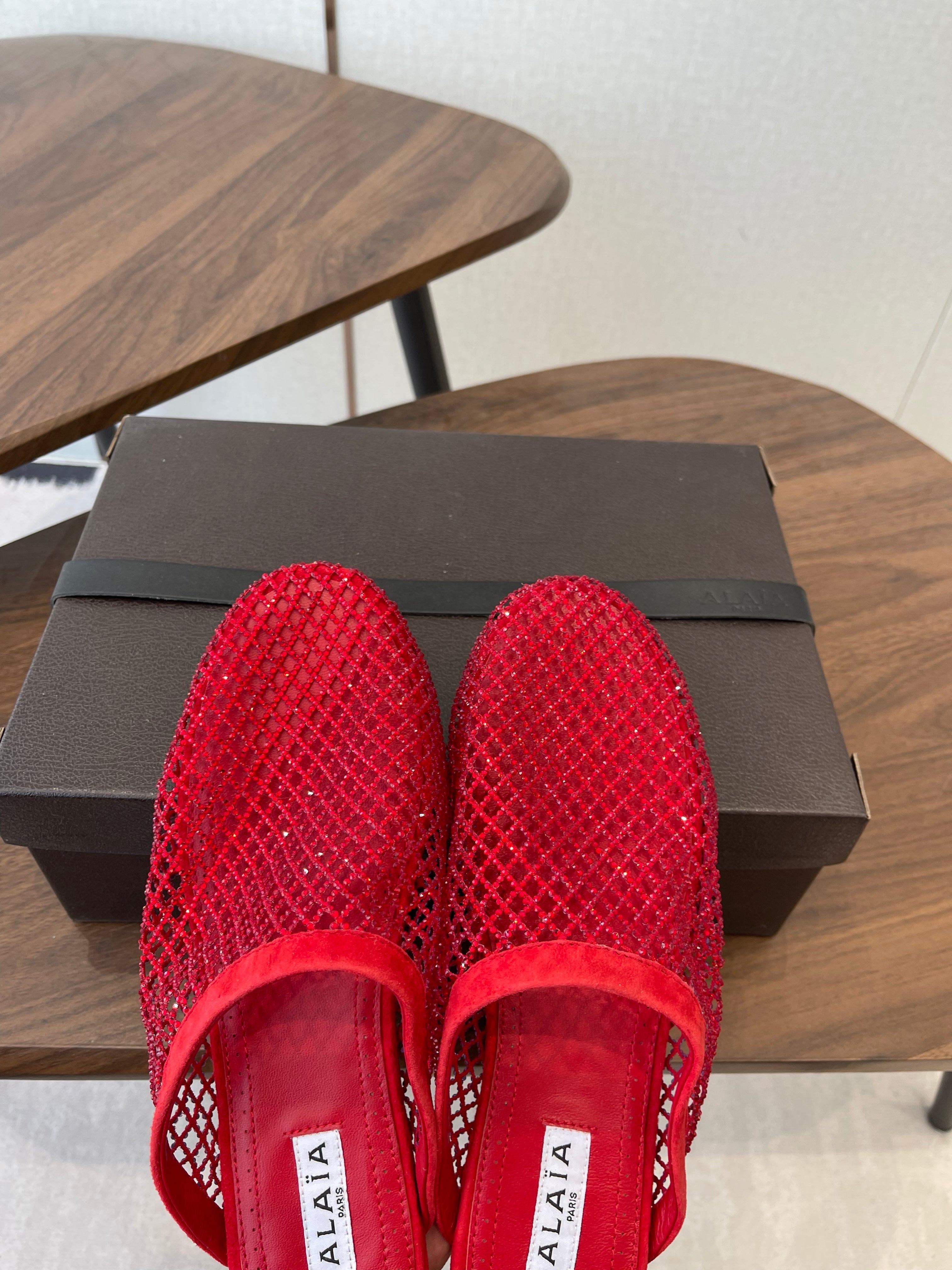 ALAIA 26S FLAT MULES IN RED SUEDE AND MESH RHINESTONE-EMBELLISHED