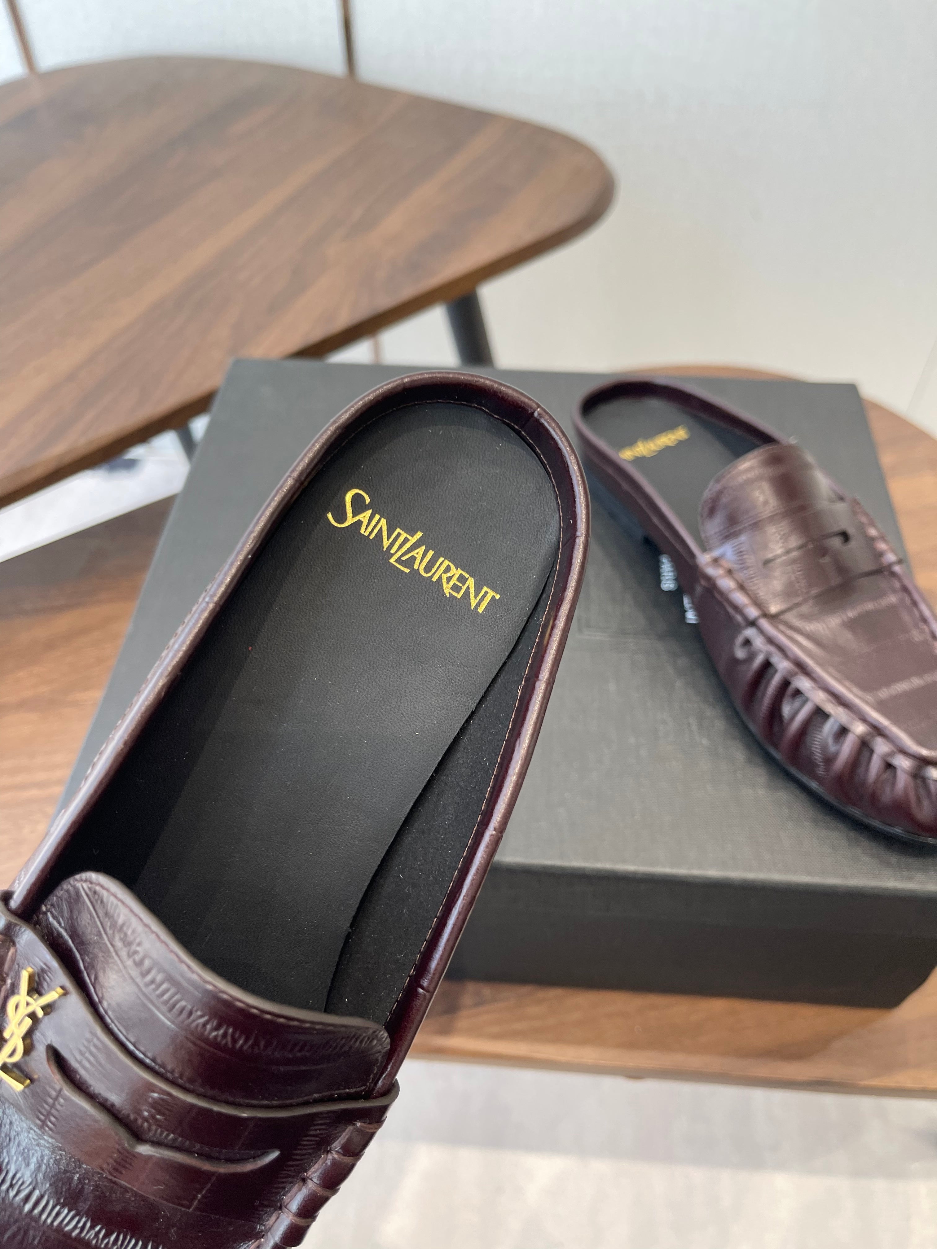 YSL 26S LOAFER MULES IN DARK RED BROWN CALFSKIN