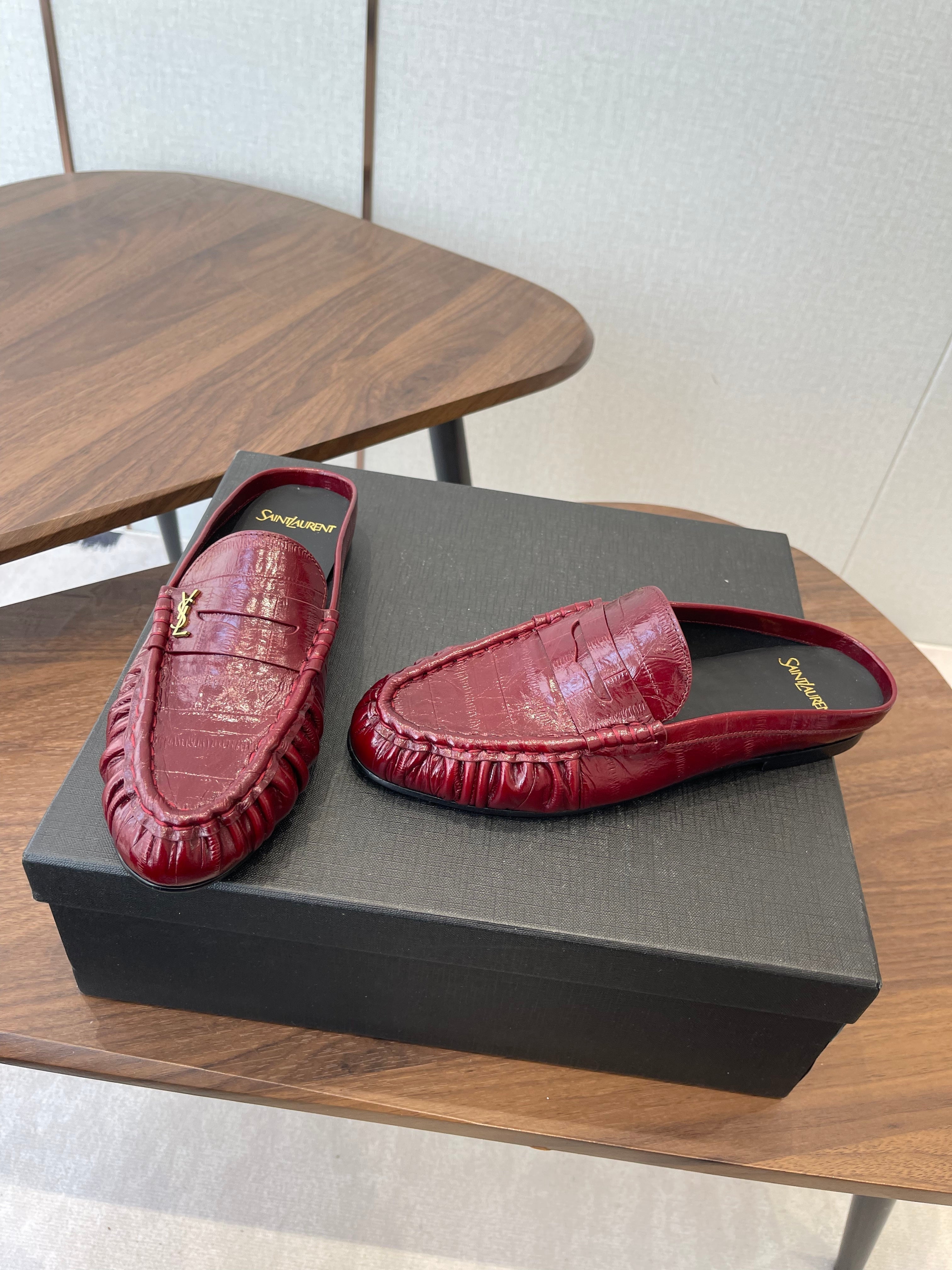 YSL 26S LOAFER MULES IN DARK RED CALFSKIN