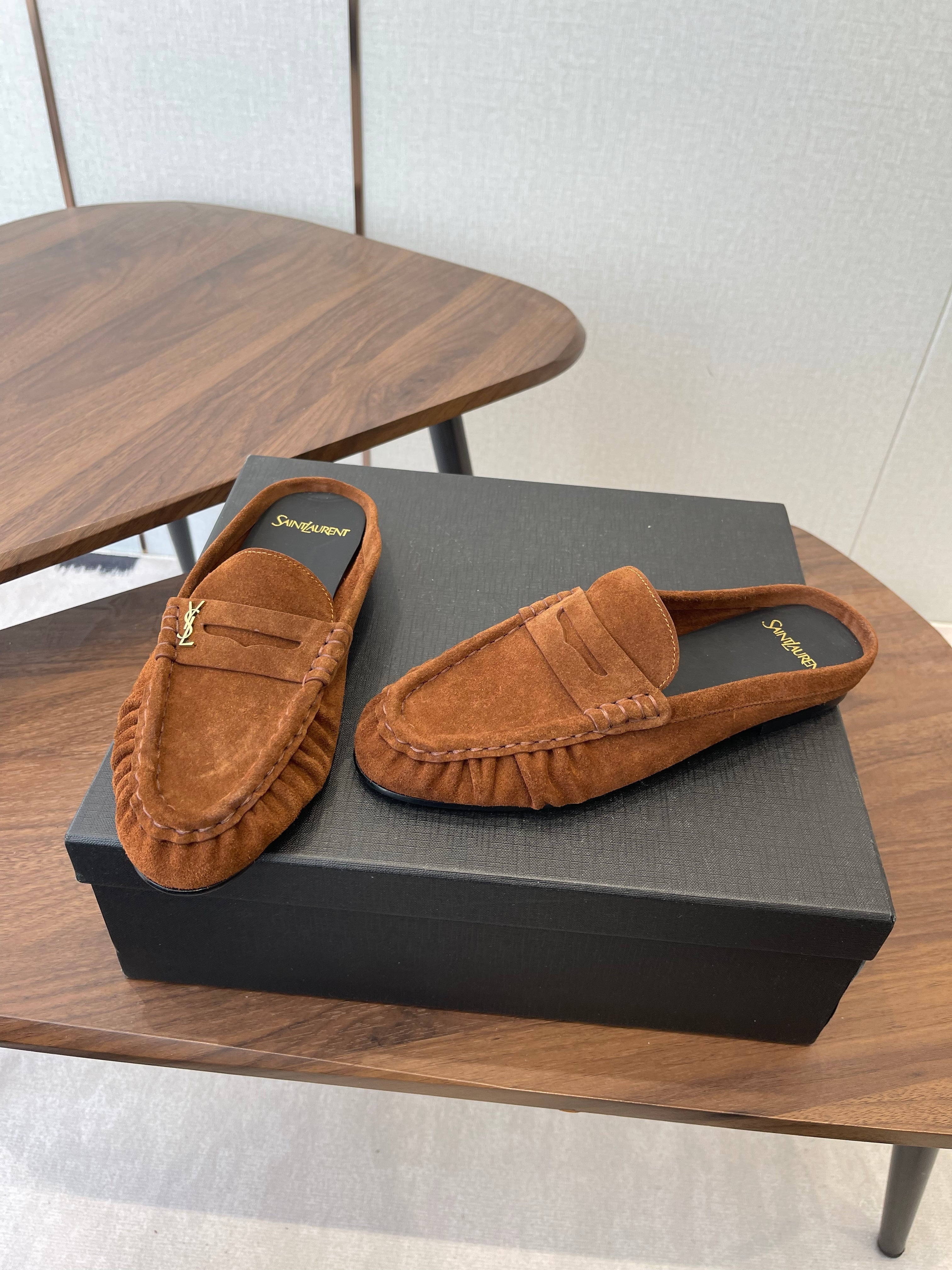 YSL 26S LOAFER MULES IN BURNT ORANGE BROWN SUEDE