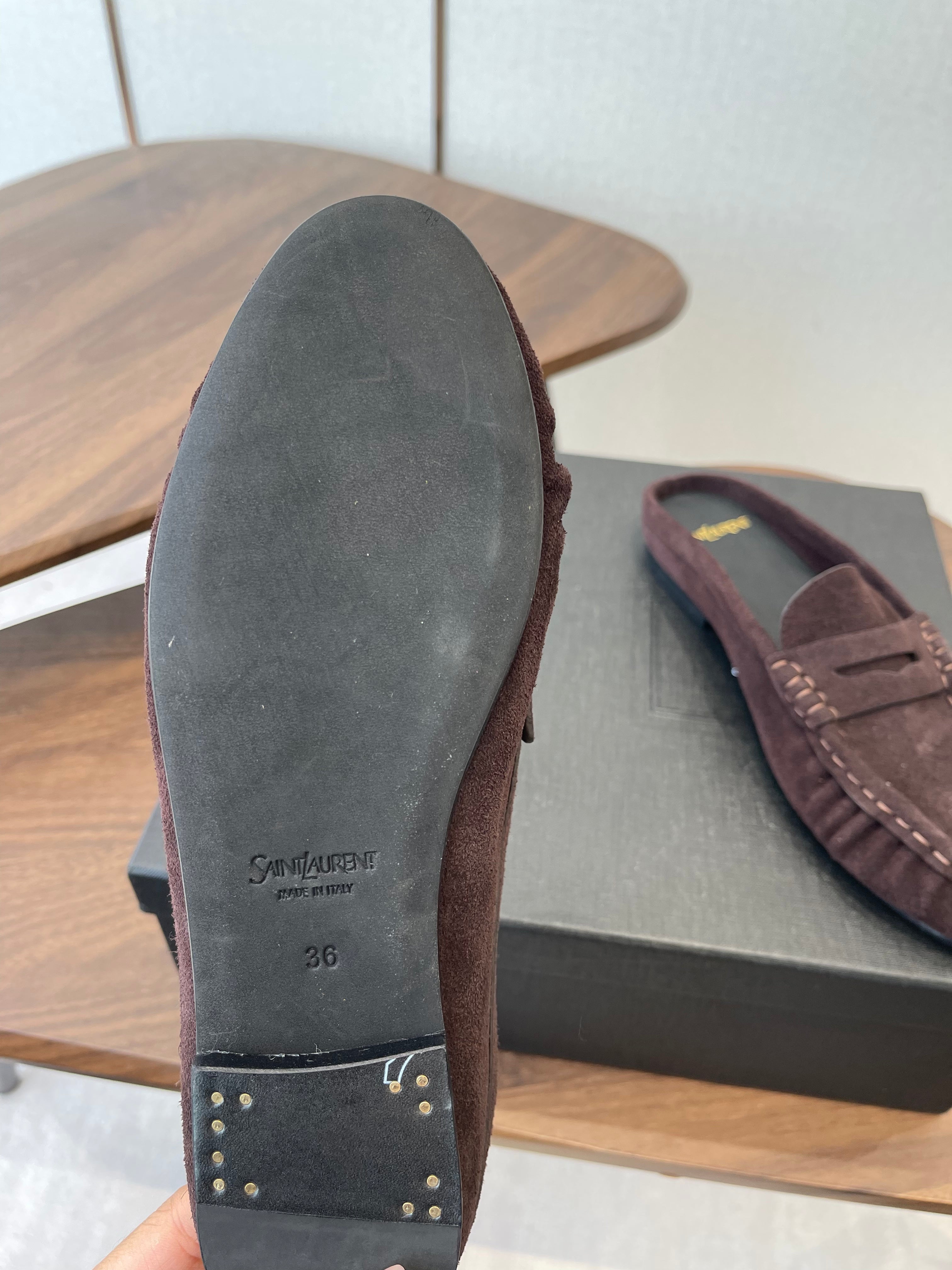 YSL 26S LOAFER MULES IN DARK PLUM BROWN SUEDE
