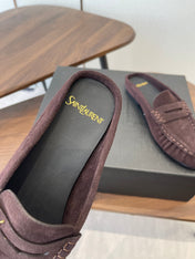 YSL 26S LOAFER MULES IN DARK PLUM BROWN SUEDE