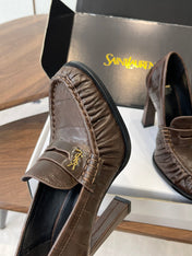 YSL 26S HEELED LOAFERS 100 MM IN DARK BROWN CALFSKIN
