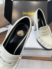 YSL 26S HEELED LOAFERS 100 MM IN WHITE CALFSKIN