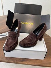 YSL 26S HEELED LOAFERS 100 MM IN WINE BROWN SUEDE