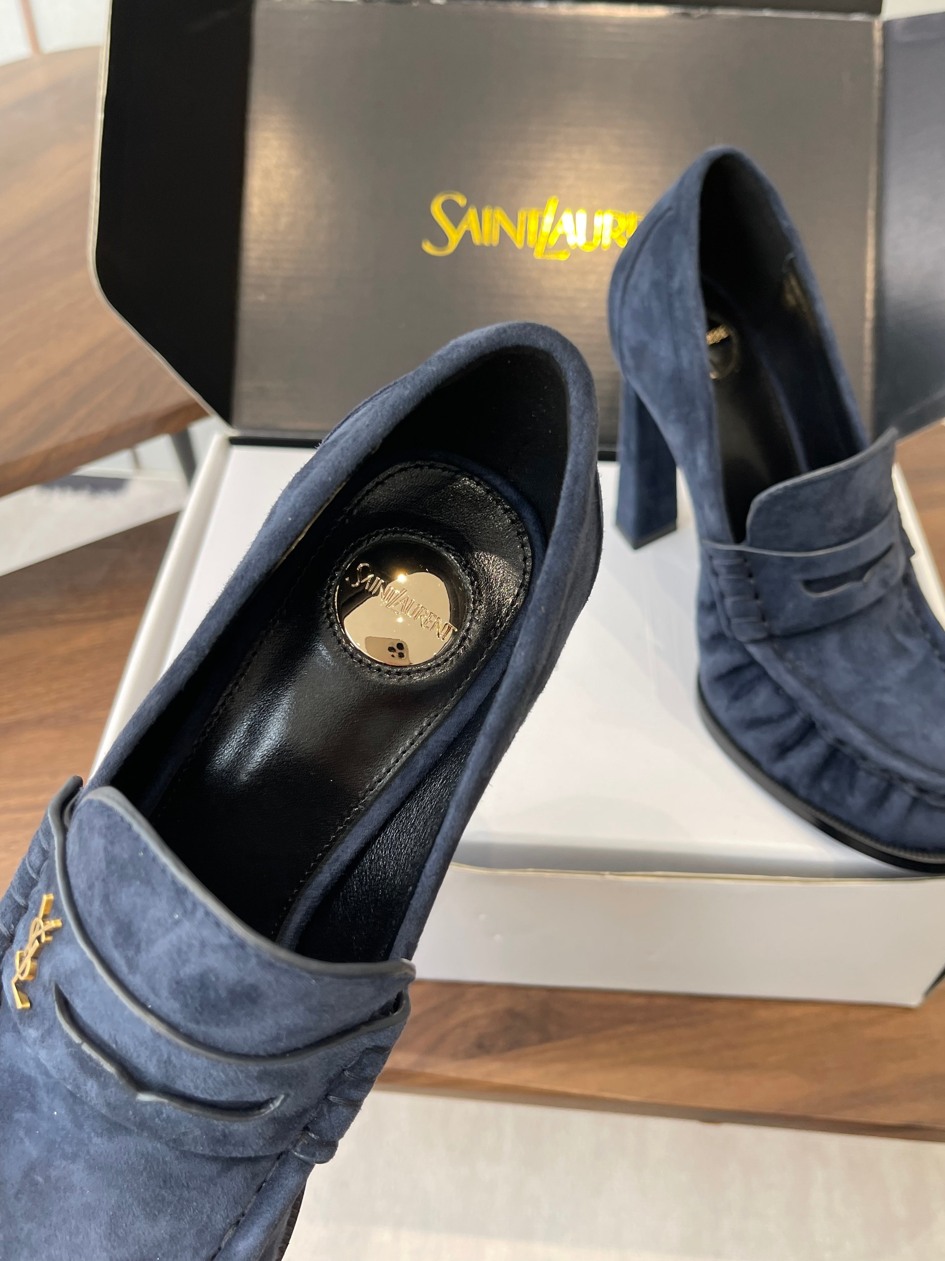 YSL 26S HEELED LOAFERS 100 MM IN DARK STEEL BLUE SUEDE