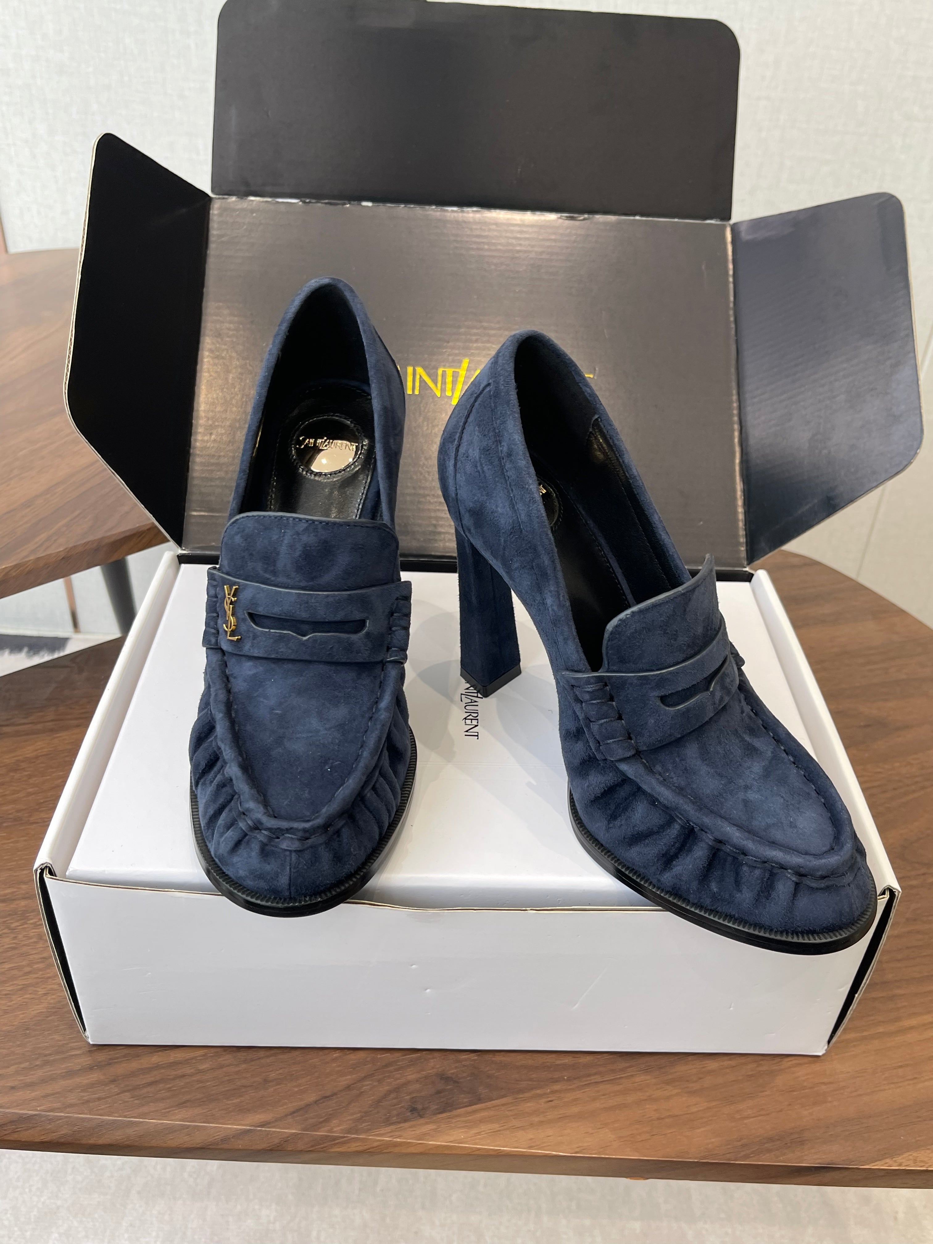 YSL 26S HEELED LOAFERS 100 MM IN DARK STEEL BLUE SUEDE