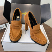 YSL 26S HEELED LOAFERS 100 MM IN BROWN SUEDE