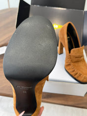 YSL 26S HEELED LOAFERS 100 MM IN BROWN SUEDE