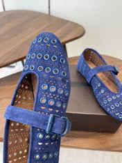 ALAIA 26S MARY JANE FLATS IN DARK BLUE SUEDE