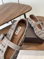 ALAIA 26S MARY JANE FLATS IN GREIGE BROWN SUEDE