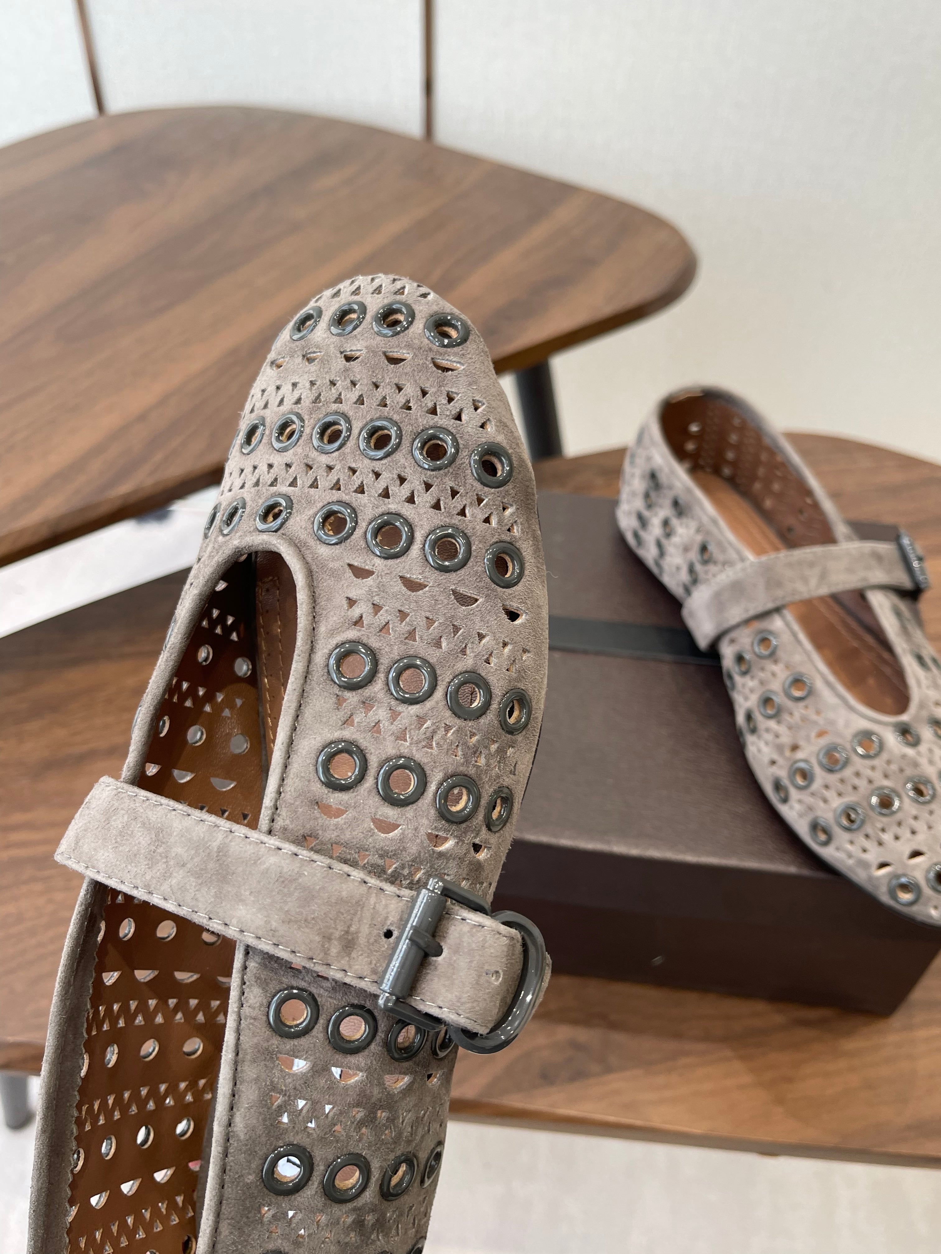 ALAIA 26S MARY JANE FLATS IN GREIGE BROWN SUEDE