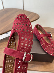 ALAIA 26S MARY JANE FLATS IN DARK RED SUEDE