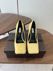 ALAIA 26S SQUARE-TOE HIGH HEELS 95 MM IN YELLOW PONY HAIR