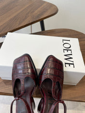 LOEWE 26S ONDA 90MM T-STRAP HIGH-HEEL SHOES IN WINE RED EMBOSSED CROCODILE CALFSKIN