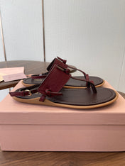 MIUMIU 26S FLIP FLOPS IN DARK BROWN AND BURGUNDY RED CALFSKIN