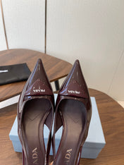 PRADA 26S SLINGBACK PUMPS 75MM IN BURNT BROWN PATENT CALFSKIN WITH LOGO