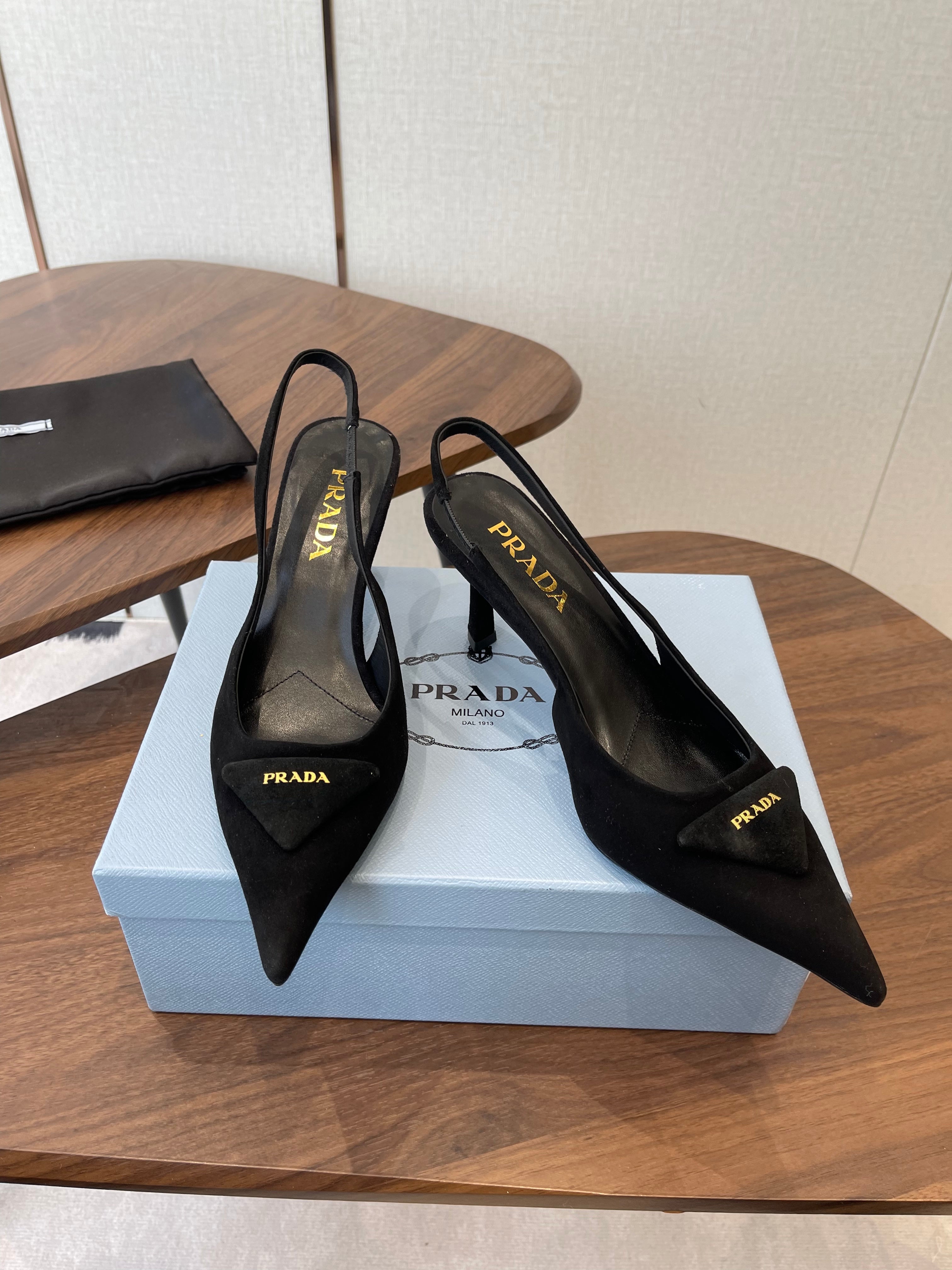 PRADA 26S SLINGBACK PUMPS 75MM IN BLACK SUEDE WITH LOGO