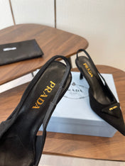 PRADA 26S SLINGBACK PUMPS 75MM IN BLACK SUEDE WITH LOGO