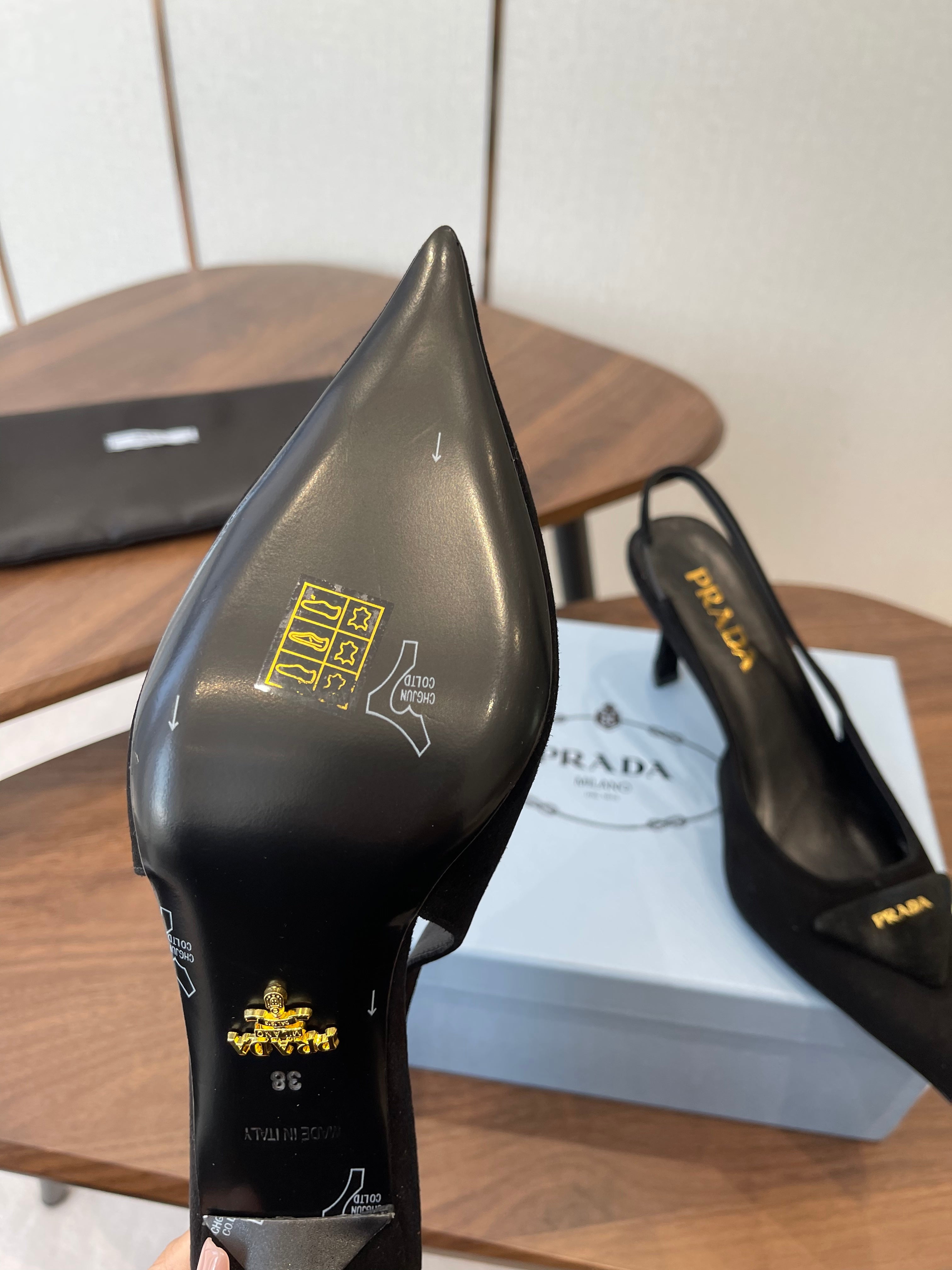 PRADA 26S SLINGBACK PUMPS 75MM IN BLACK SUEDE WITH LOGO