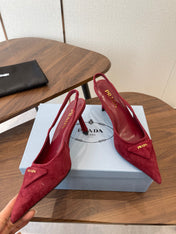 PRADA 26S SLINGBACK PUMPS 75MM IN BURGUNDY RED SUEDE WITH LOGO