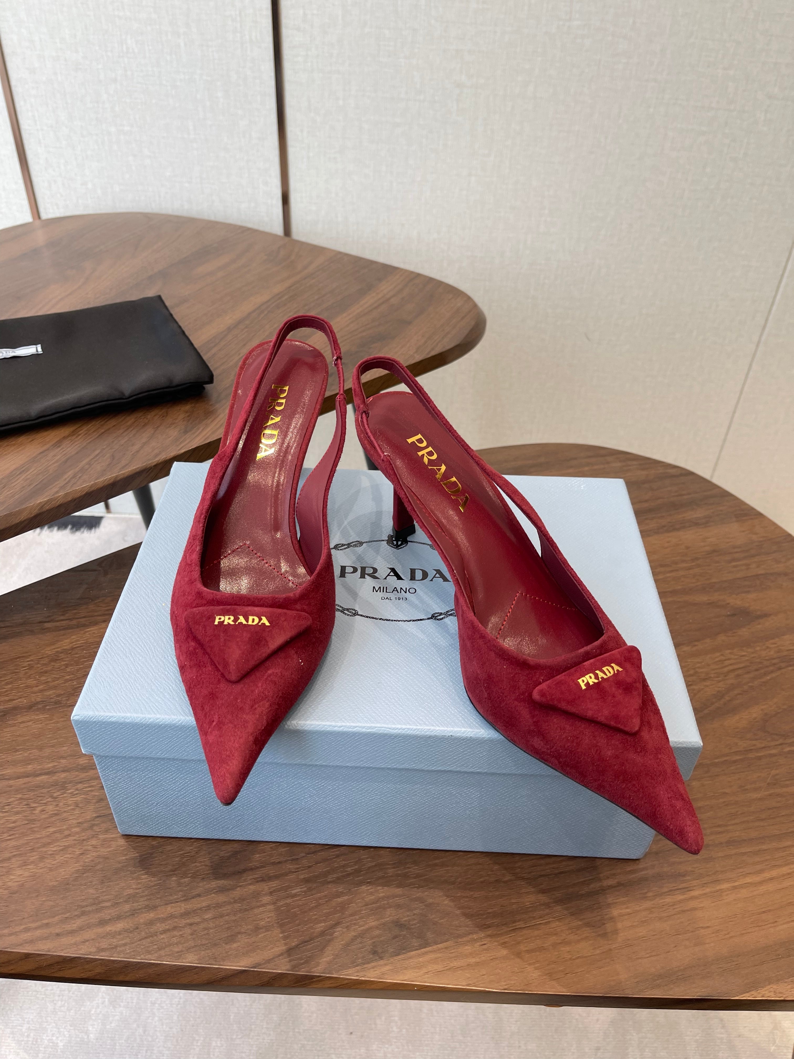 PRADA 26S SLINGBACK PUMPS 75MM IN BURGUNDY RED SUEDE WITH LOGO