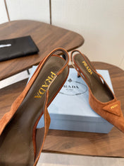 PRADA 26S SLINGBACK PUMPS 75MM IN CARAMEL BROWN SUEDE WITH LOGO