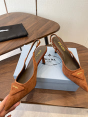 PRADA 26S SLINGBACK PUMPS 75MM IN CARAMEL BROWN SUEDE WITH LOGO