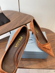 PRADA 26S POINTED TOE HIGH HEELS 75MM IN CARAMEL BROWN SUEDE WITH LOGO