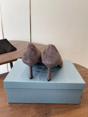 PRADA 26S POINTED TOE HIGH HEELS 75MM IN TAUPE BROWN SUEDE WITH LOGO