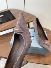 PRADA 26S POINTED TOE HIGH HEELS 75MM IN TAUPE BROWN SUEDE WITH LOGO