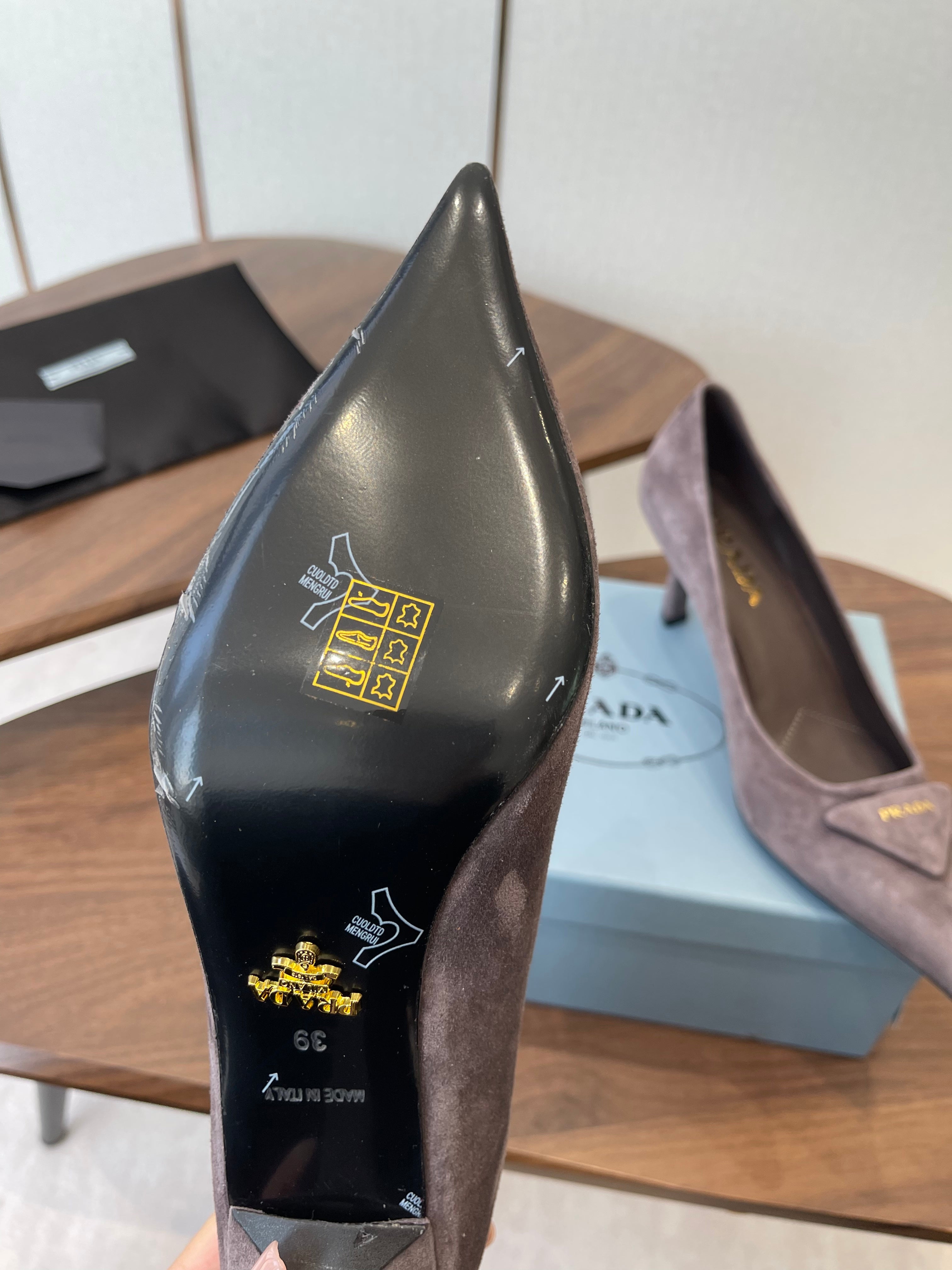 PRADA 26S SLINGBACK PUMPS 75MM IN TAUPE BROWN SUEDE WITH LOGO