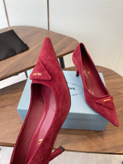 PRADA 26S POINTED TOE HIGH HEELS 75MM IN DARK RED SUEDE WITH LOGO