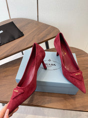 PRADA 26S POINTED TOE HIGH HEELS 75MM IN DARK RED SUEDE WITH LOGO