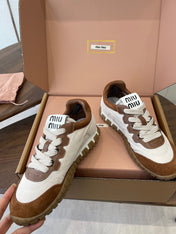MIUMIU 26S SNEAKERS IN WHITE AND CARAMEL BROWN FABRIC AND SUEDE