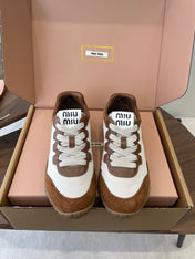 MIUMIU 26S SNEAKERS IN WHITE AND CARAMEL BROWN FABRIC AND SUEDE