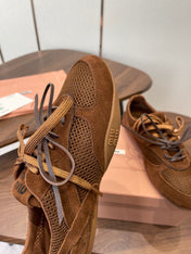 MIUMIU 26S SNEAKERS IN CARAMEL BROWN MESH AND SUEDE