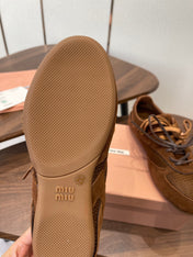 MIUMIU 26S SNEAKERS IN CARAMEL BROWN MESH AND SUEDE