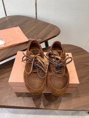MIUMIU 26S SNEAKERS IN CARAMEL BROWN MESH AND SUEDE